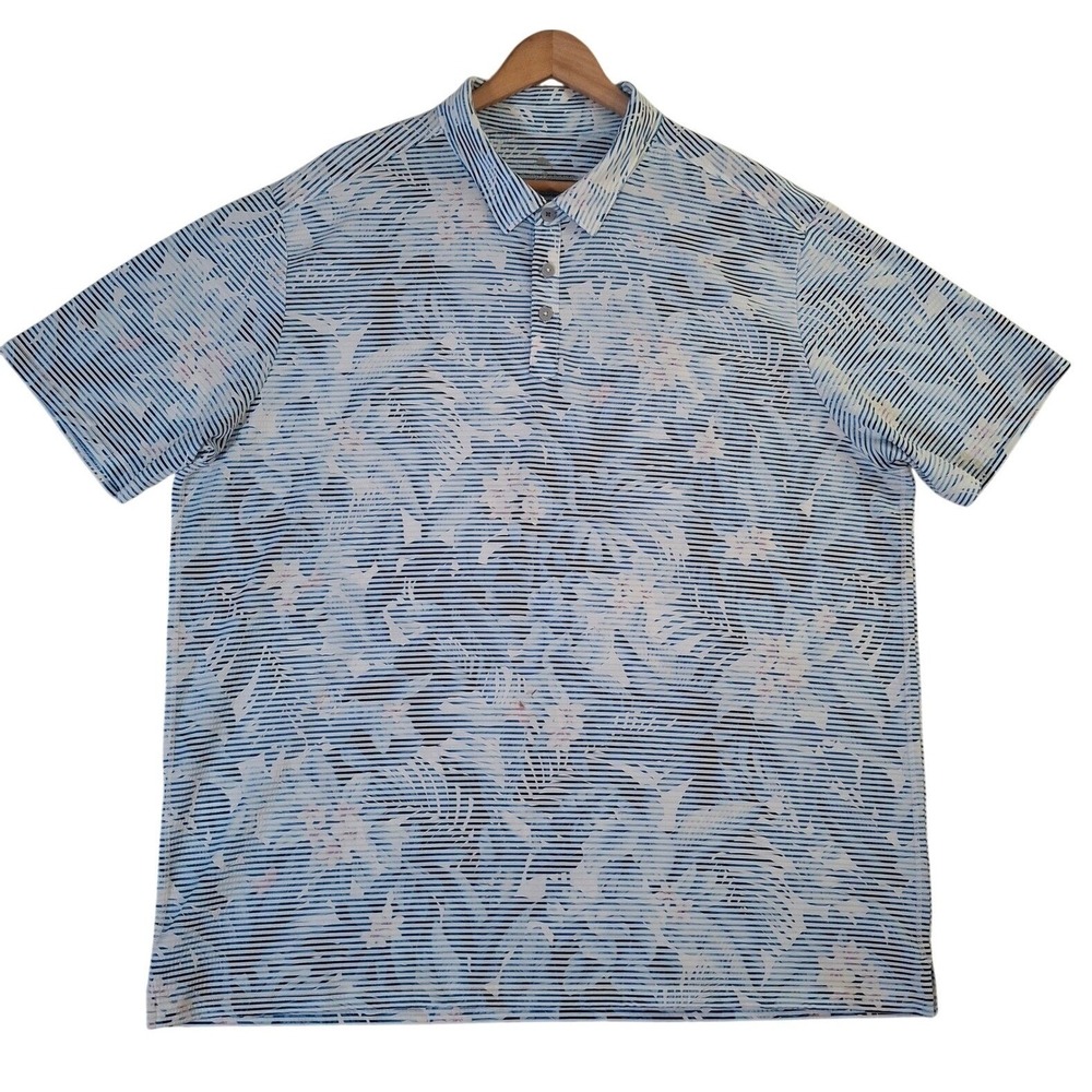 Tommy Bahama Polo Shirt Men's‎ XXL Blue Striped Tropical Floral Performance